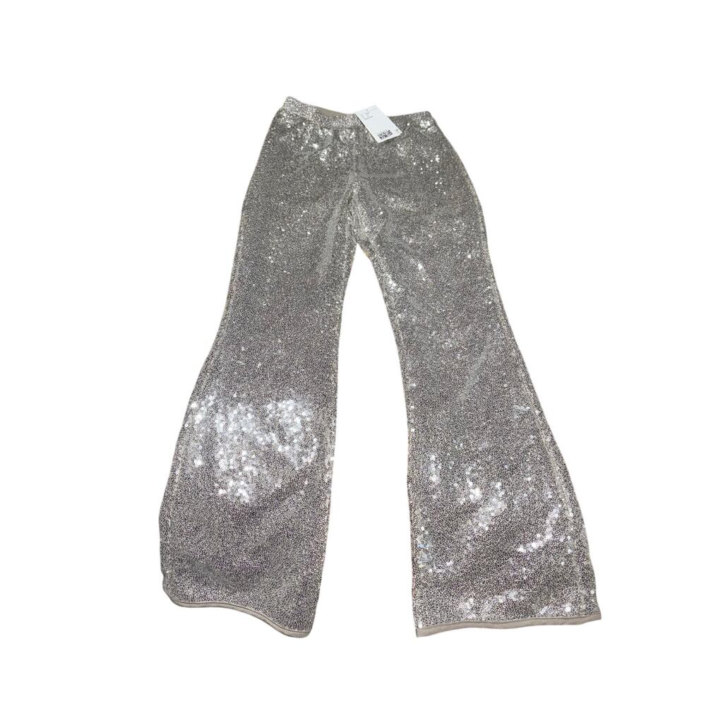 H&M 8/9 all silver sequined elastic waist fully lined kick flare pants nwt